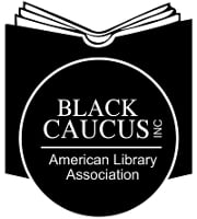 Black open book with Black Caucus inc. American Library Association written on the cover 