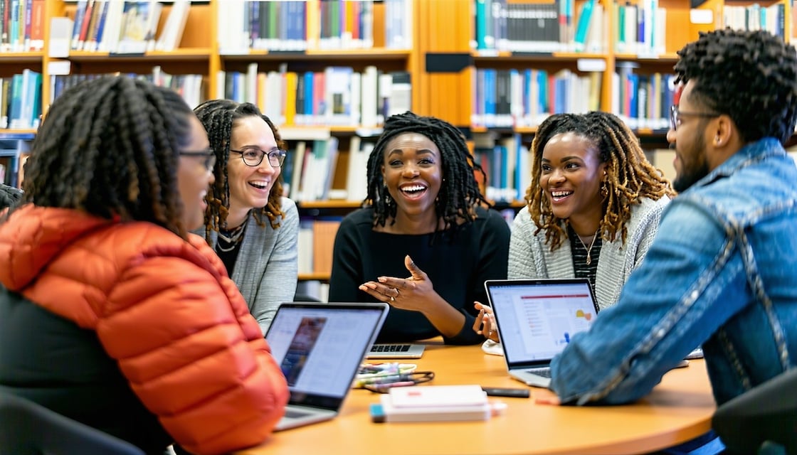 An image of a diverse group of library managers engaged in a lively discussion during a training session, surrounded by bookshelves and digital devices, symbolizing collaboration and learning.