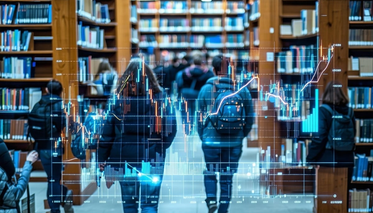 Image of people in a library setting with data charts and graphs overlayed, symbolizing data analysis in libraries.